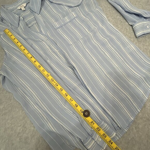 CANDIES Blue White Stripe Blouse Womens Large V Neck Roll Tab Lightweight Top - Picture 8 of 8